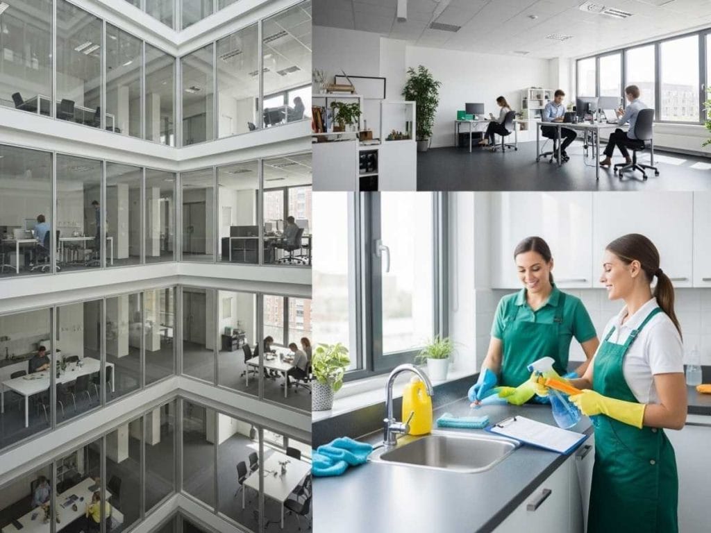 Structured cleaning process in a multi-floor office showing disinfection, supervision, and improved workplace hygiene standards