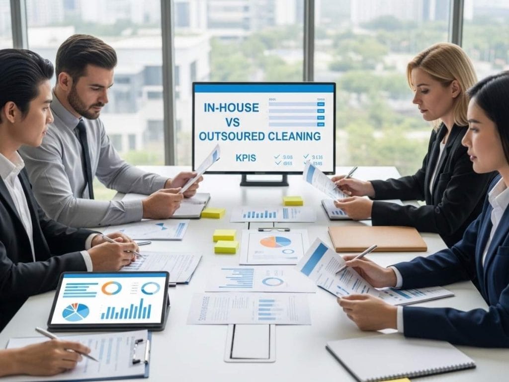 Facility managers reviewing documents and charts while evaluating in-house versus outsourced commercial cleaning services.