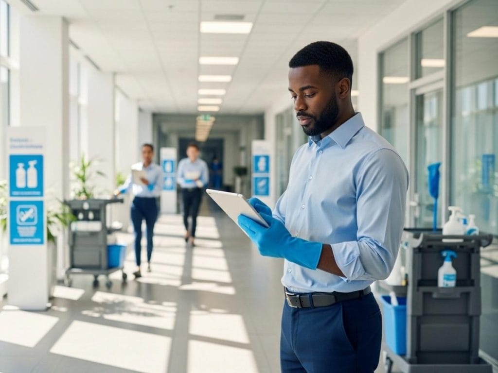 Facility manager assessing cleaning and infection control needs in a commercial building environment.