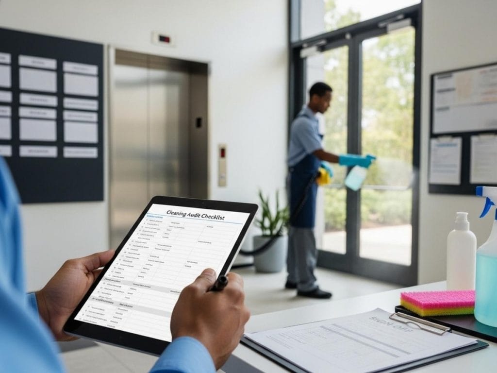 Facility manager reviewing cleaning audit checklist while staff disinfect high-touch surfaces in a modern building