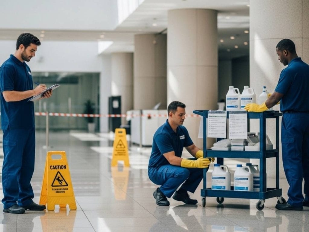 Commercial cleaning team performing a site risk assessment with safety signage and organized equipment in a busy office lobby.
