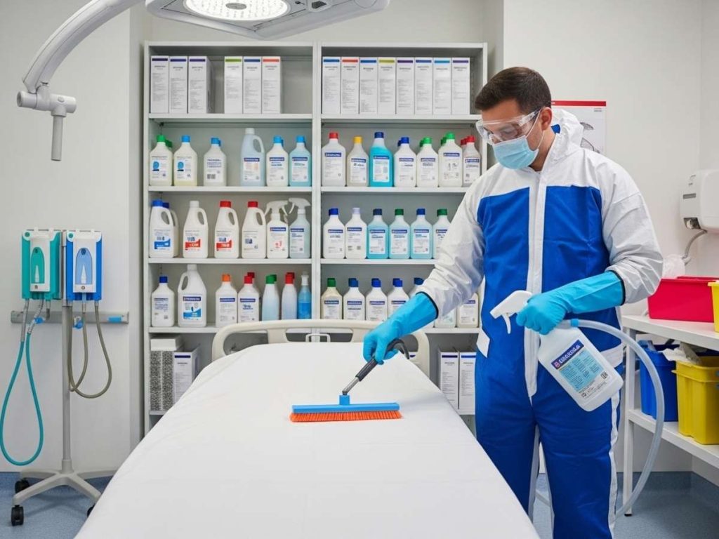 Hospital cleaner using approved disinfectants and organized equipment following strict medical cleaning protocols
