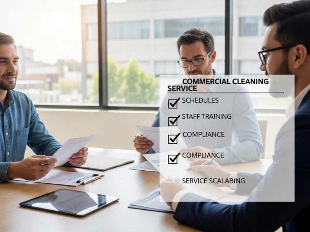 Facility manager evaluating a commercial cleaning vendor using a service quality checklist in a modern office meeting.