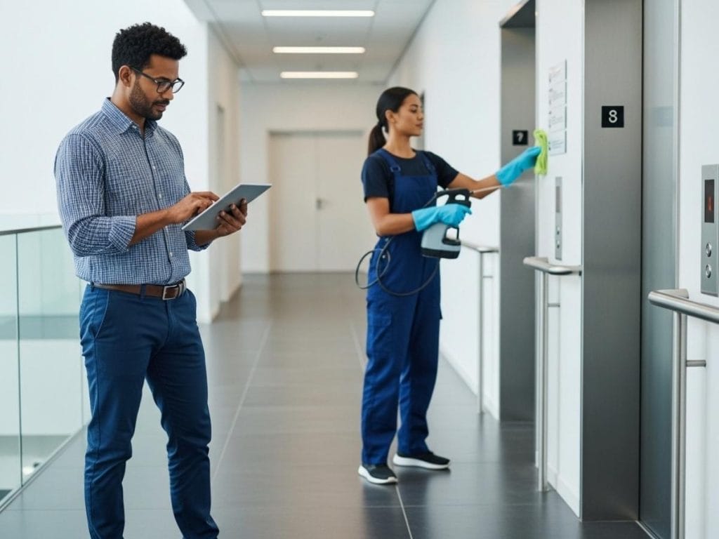 Facilities manager reviewing a cleaning checklist while staff disinfect high-touch surfaces in a commercial building.