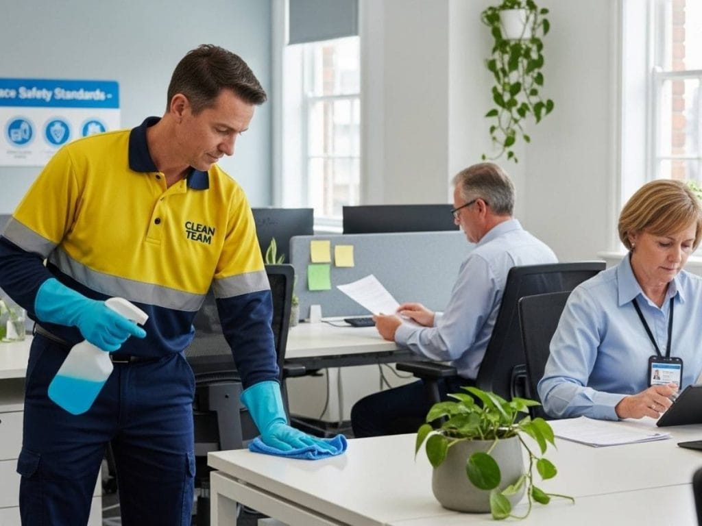 Professional cleaner disinfecting an Australian office while a safety officer reviews workplace compliance documents.