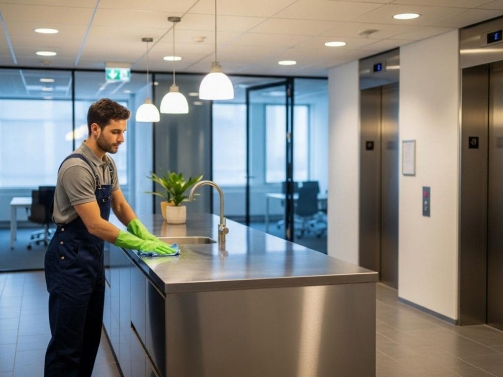 Commercial cleaner disinfecting high-traffic office areas like a kitchen and elevator lobby during after-hours cleaning.