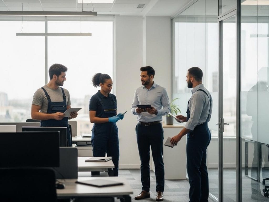 Professional cleaning team reviewing a commercial facility with a manager while planning cleaning procedures in a modern office building.