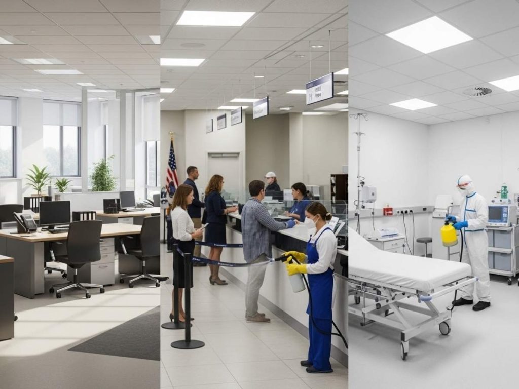 Different government facilities including office, civic center, and healthcare room with tailored cleaning practices for each environment