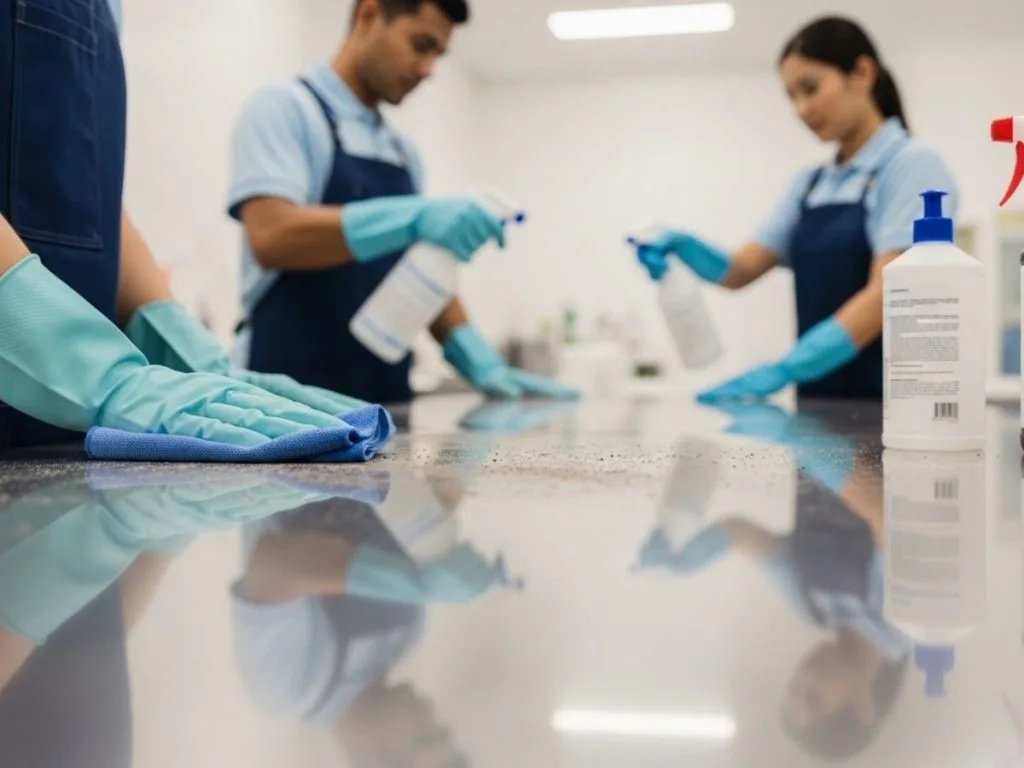 Step-by-step cleaning, sanitising, and disinfecting process demonstrated on a commercial surface with proper technique and timing