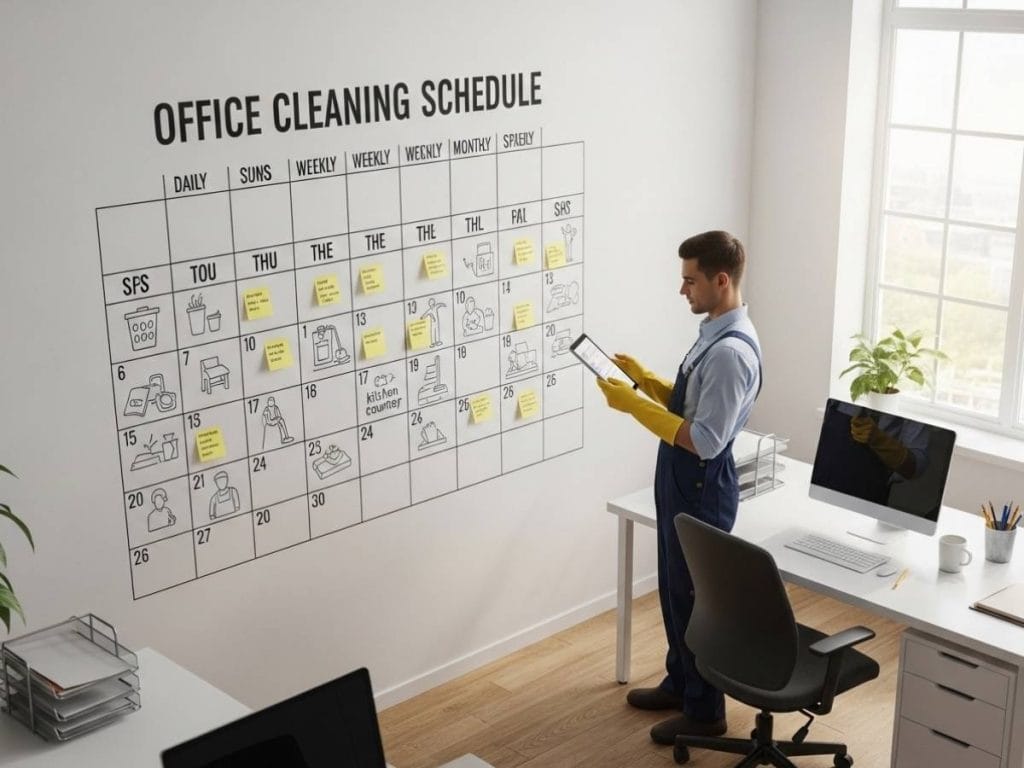 Office cleaner reviewing a structured cleaning schedule with daily, weekly, and monthly tasks in a modern workplace.