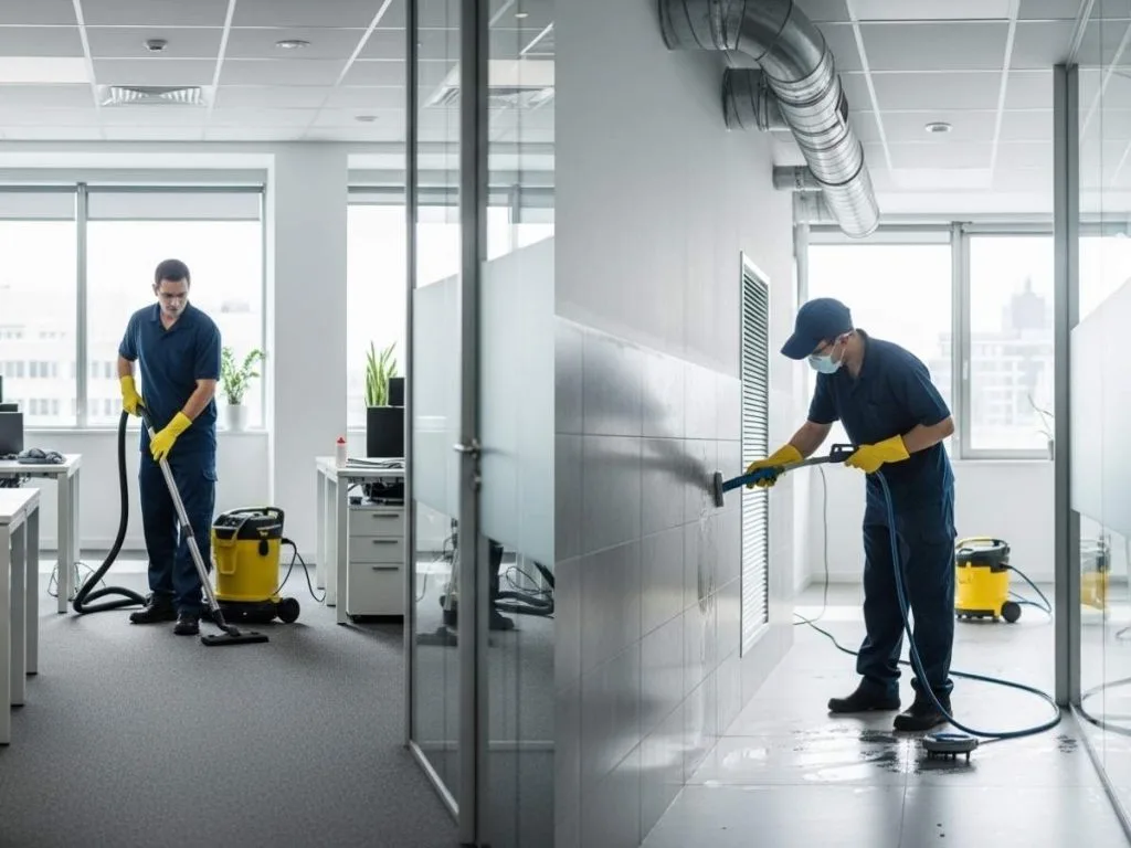 Commercial cleaners performing routine office cleaning alongside detailed deep cleaning tasks in a modern workplace.