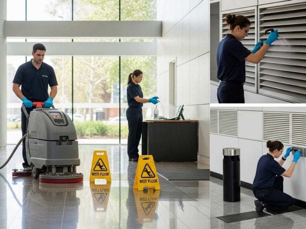 Professional cleaning team maintaining workplace safety through floor care, surface disinfection, and air quality control in a modern office.