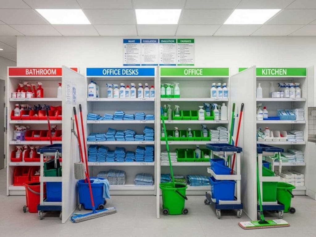 Color-coded cleaning equipment and organized chemical control system in a commercial facility