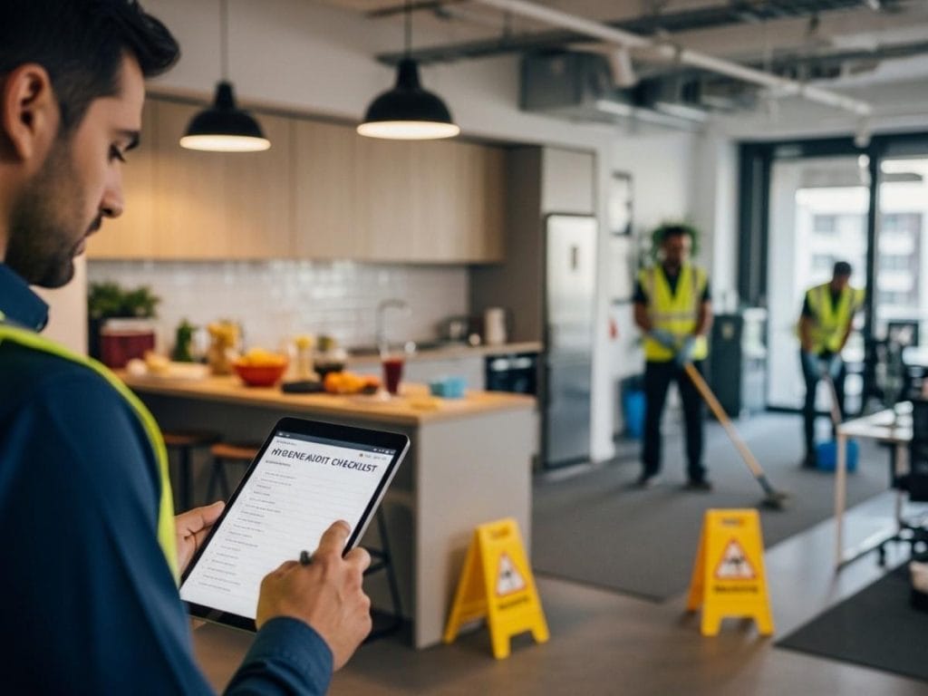 Facilities manager reviewing hygiene audit checklist in an office with cleaning staff and workplace safety measures visible.