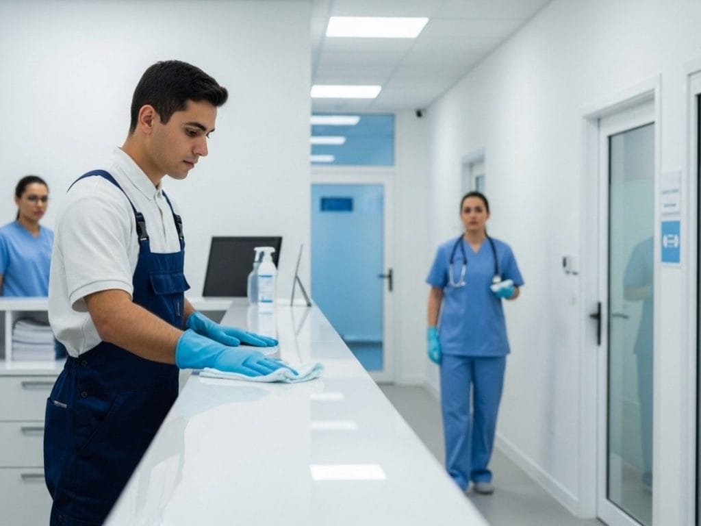 Cleaner focusing on visible surfaces in a medical clinic while important high-touch areas remain missed, illustrating healthcare cleaning risks.