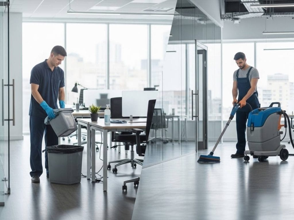 Side-by-side comparison of janitorial daily maintenance tasks and commercial deep cleaning services in a modern office.