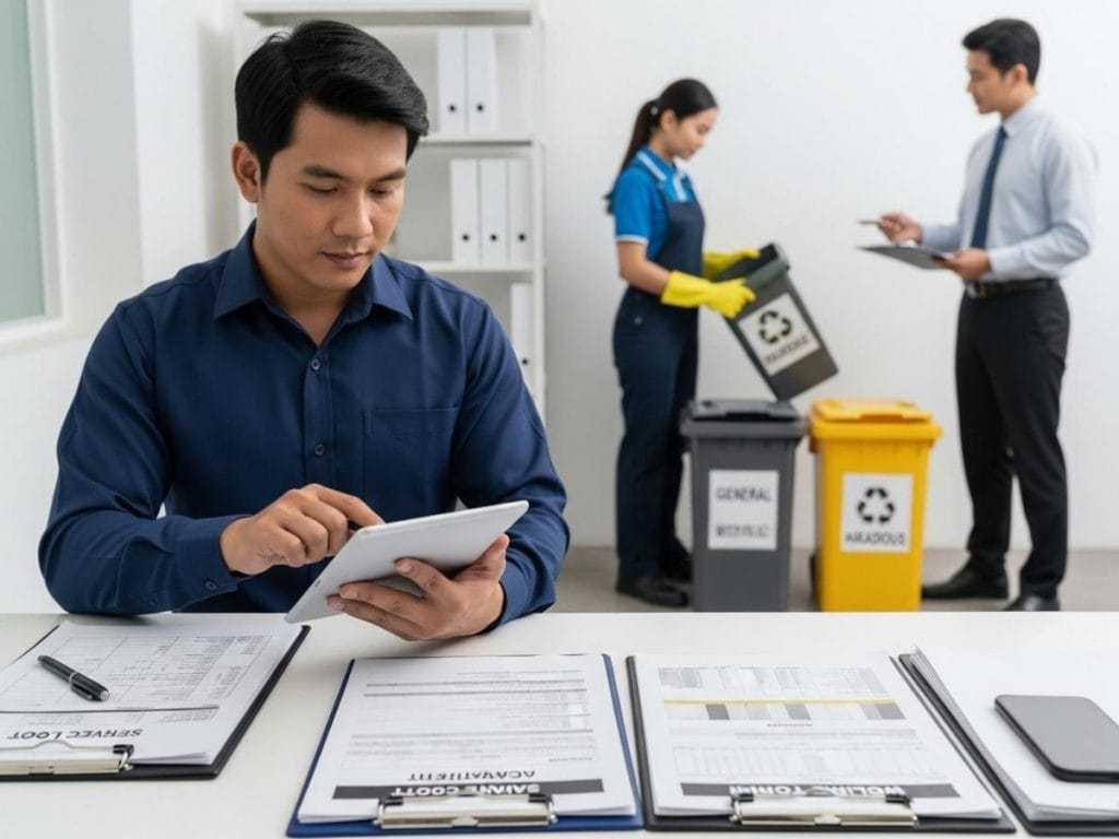 Cleaning staff documenting compliance and waste management processes in a government facility