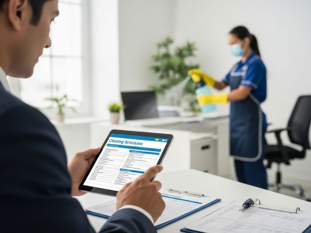 Supervisor reviewing cleaning compliance checklist while hygiene procedures are carried out in a clean workplace