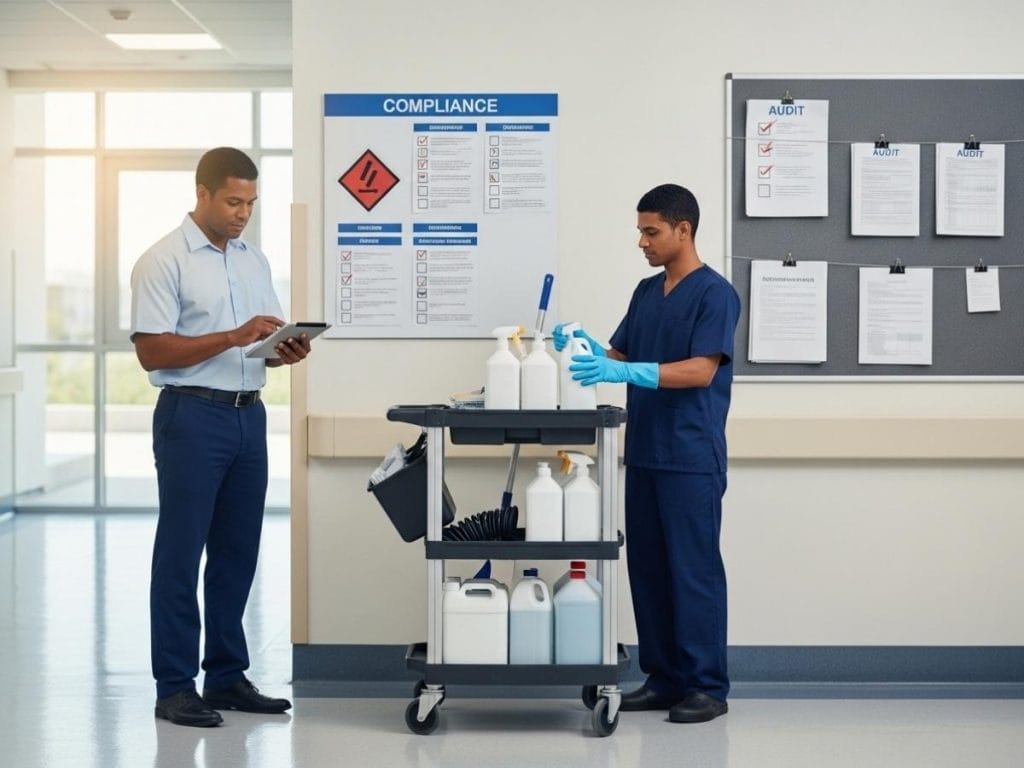 Facilities manager reviewing cleaning compliance documentation while professional cleaner organizes labeled chemicals in a regulated workplace environment.
