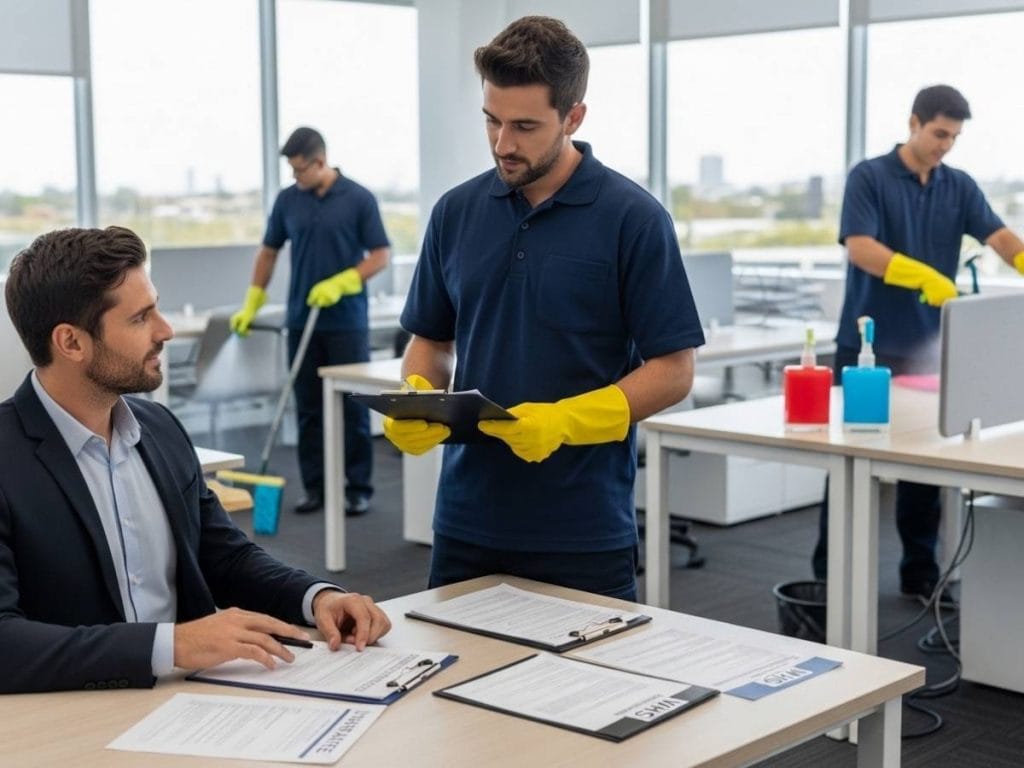 Facility manager reviewing cleaning compliance documents and safety procedures with commercial cleaning staff in a modern office environment.