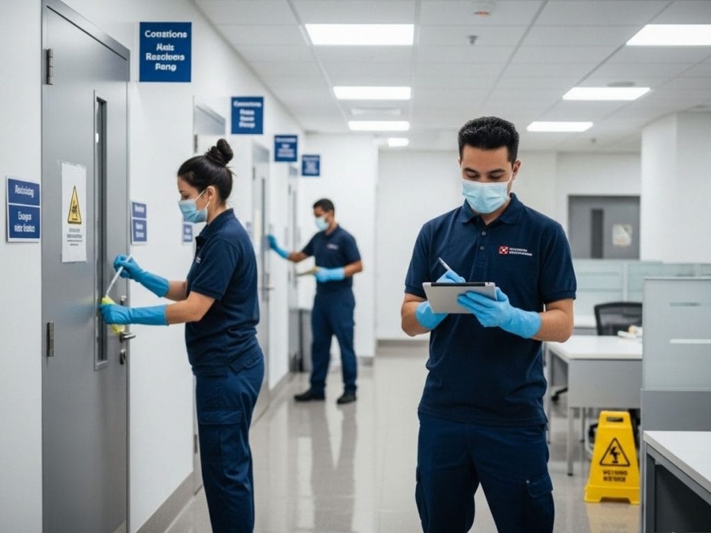 Commercial cleaning staff disinfecting surfaces and recording tasks to ensure safety compliance in a modern facility