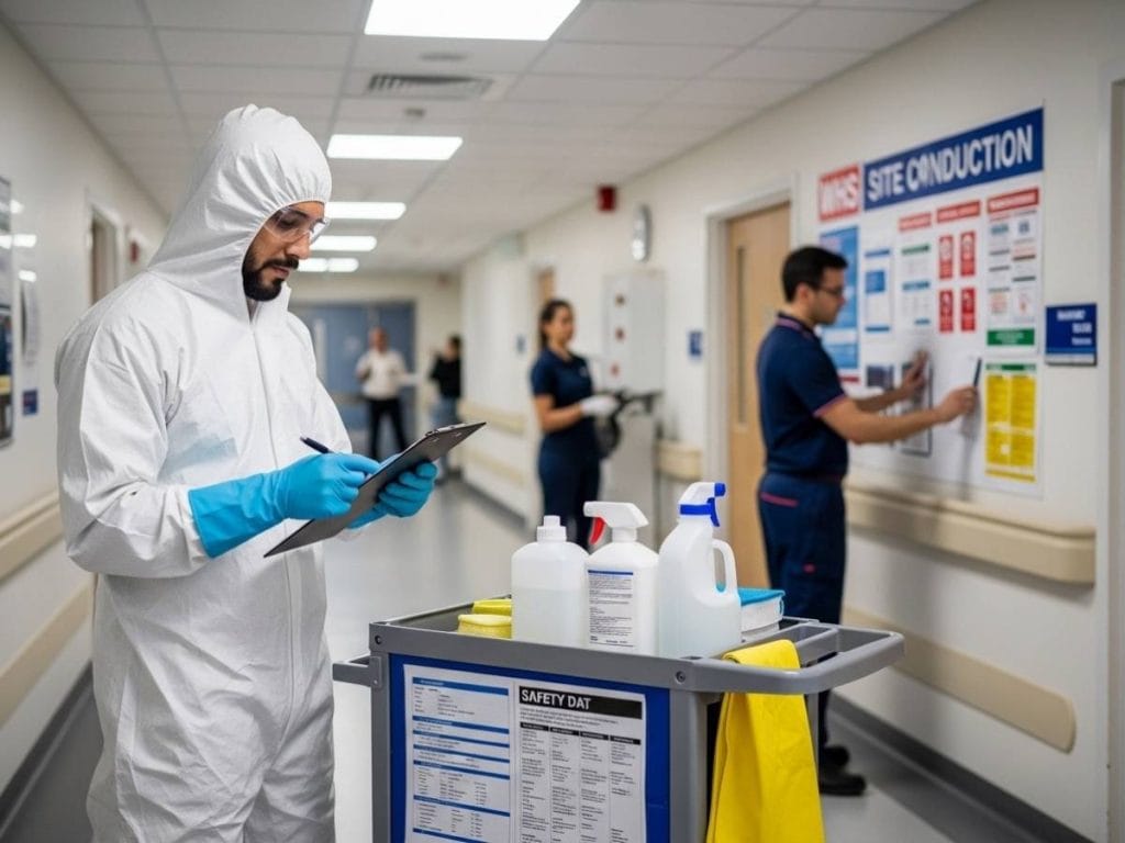 Commercial cleaner reviewing WHS compliance checklist with safety equipment and chemical documentation in a healthcare facility corridor.