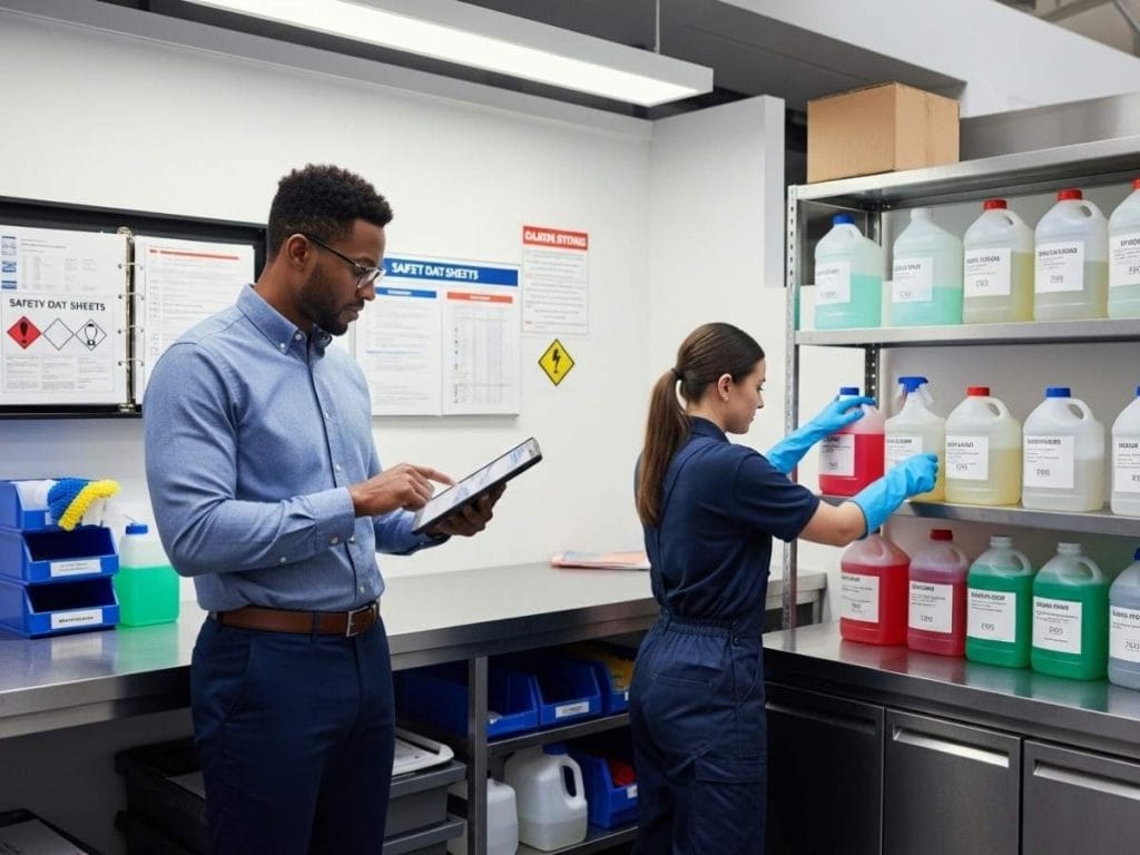 Facilities manager reviewing cleaning compliance documents while staff handle labeled chemical supplies in a regulated commercial cleaning storage area.