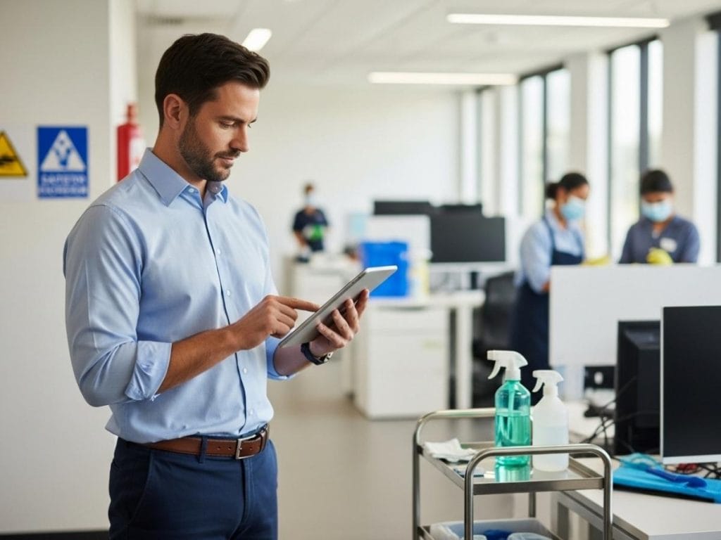 Facilities manager reviewing infection control compliance checklist in a clean Australian workplace.