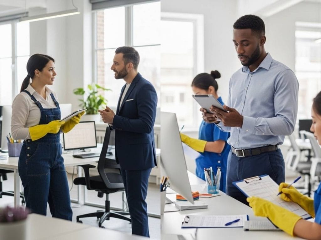 Comparison of in-house office cleaning and contract cleaning supervision in a modern workplace.
