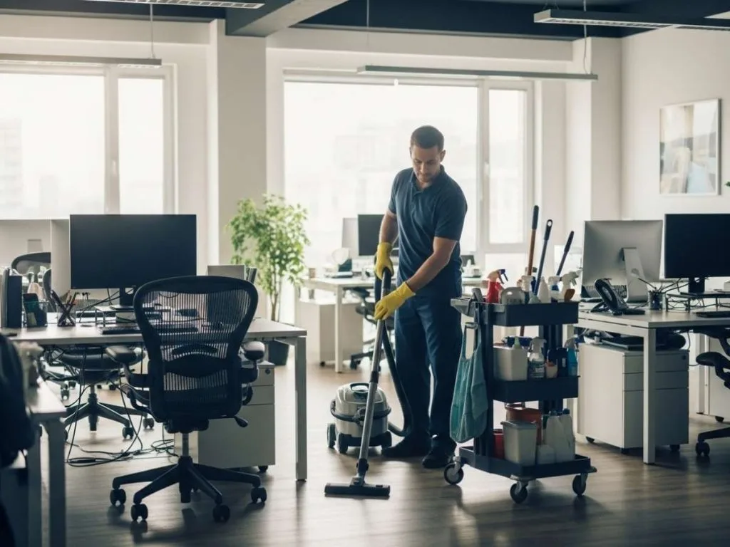 Professional cleaner vacuuming a modern office workspace as part of daily office cleaning tasks.