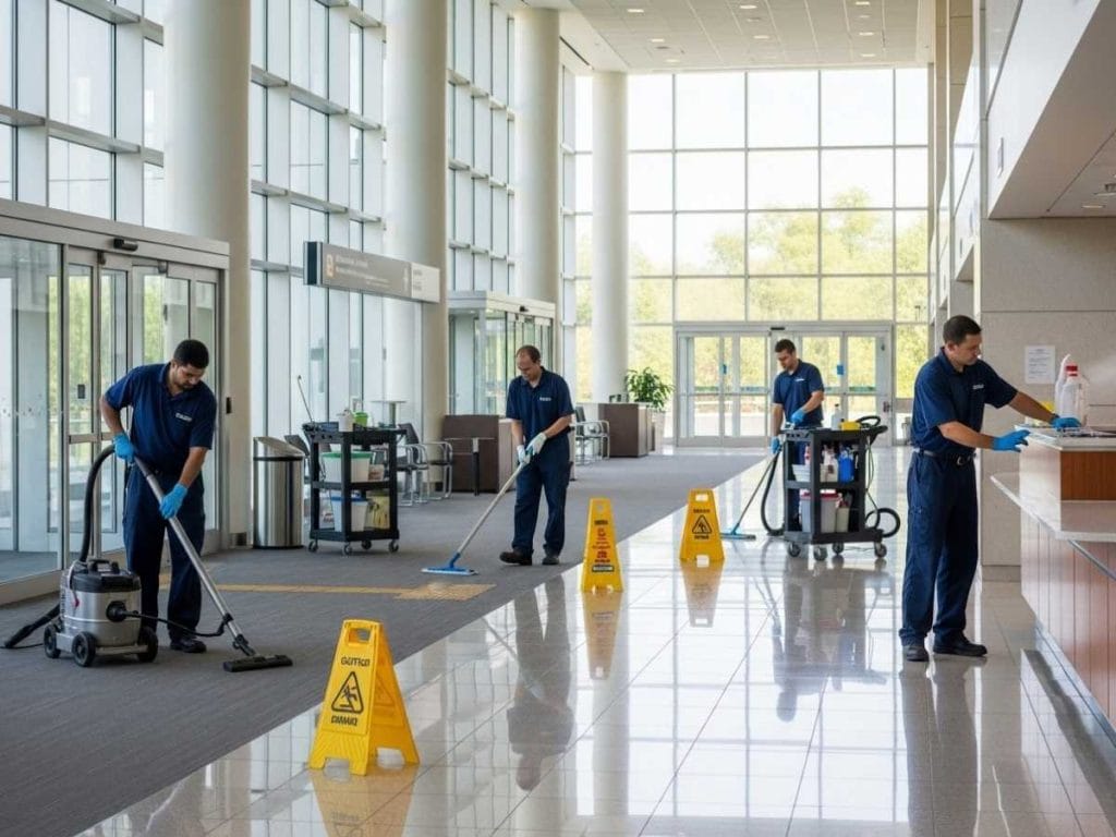 Professional cleaners performing routine and deep cleaning tasks inside a modern government building interior