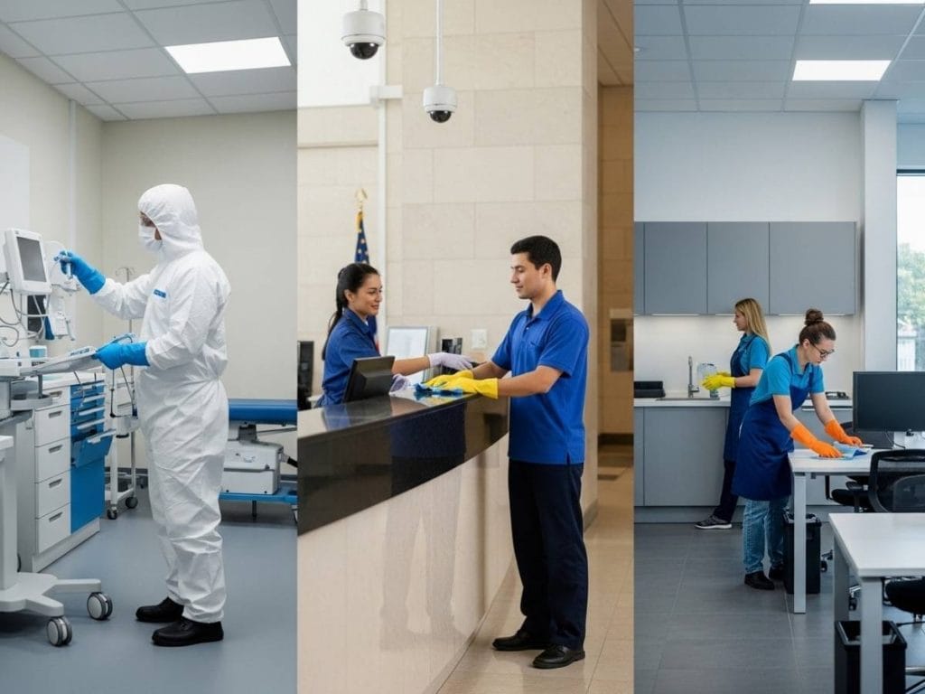 Professional cleaners performing specialised cleaning tasks in healthcare, government, and corporate office environments.