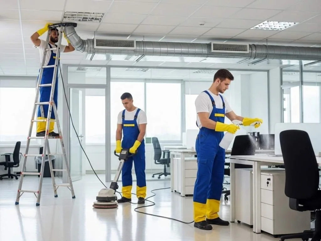 Professional cleaners performing deep office cleaning including vent cleaning, floor polishing, and disinfecting workplace surfaces.