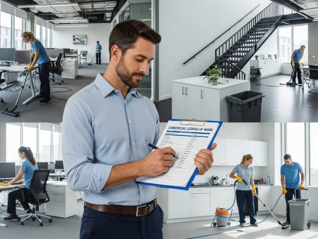 Facility manager reviewing a commercial cleaning scope of work while professional cleaners service a modern office building.