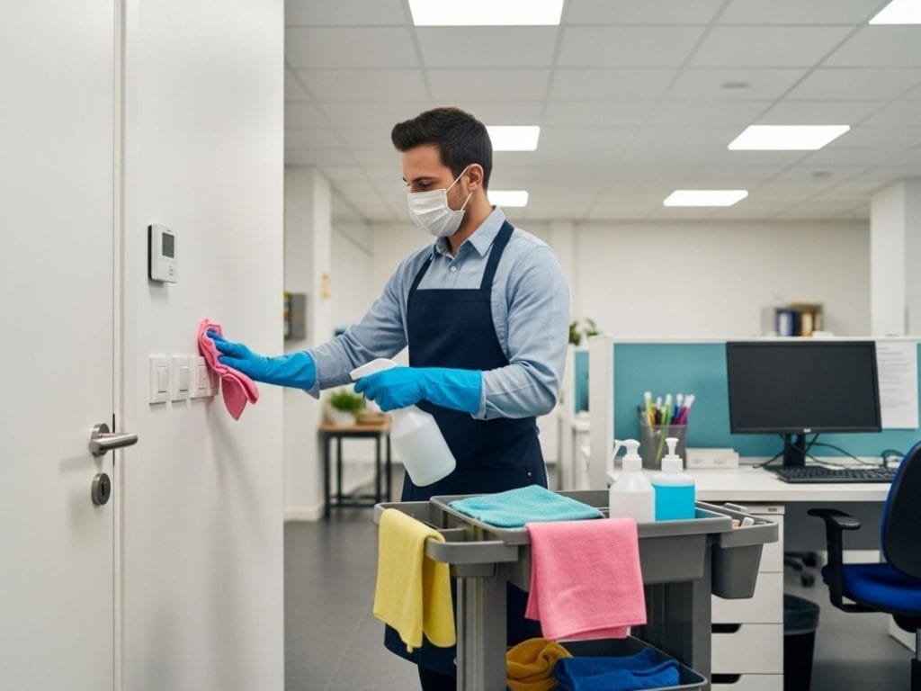 Commercial cleaner disinfecting high-touch surfaces with PPE and color-coded cleaning supplies in a professional facility.