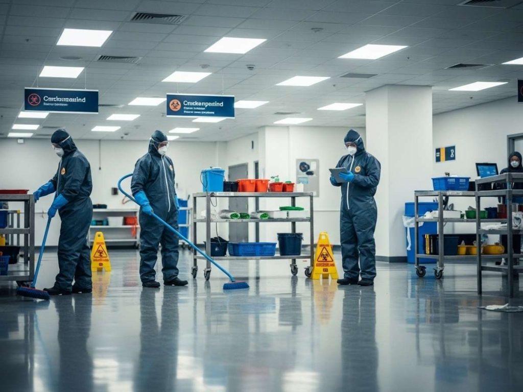 Emergency cleaning team in protective gear responding to a biohazard incident inside a government facility