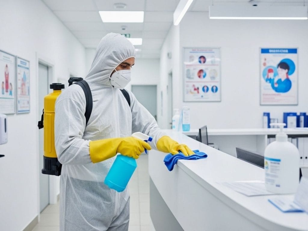 Professional cleaner disinfecting surfaces in a modern medical clinic to meet health and safety standards.