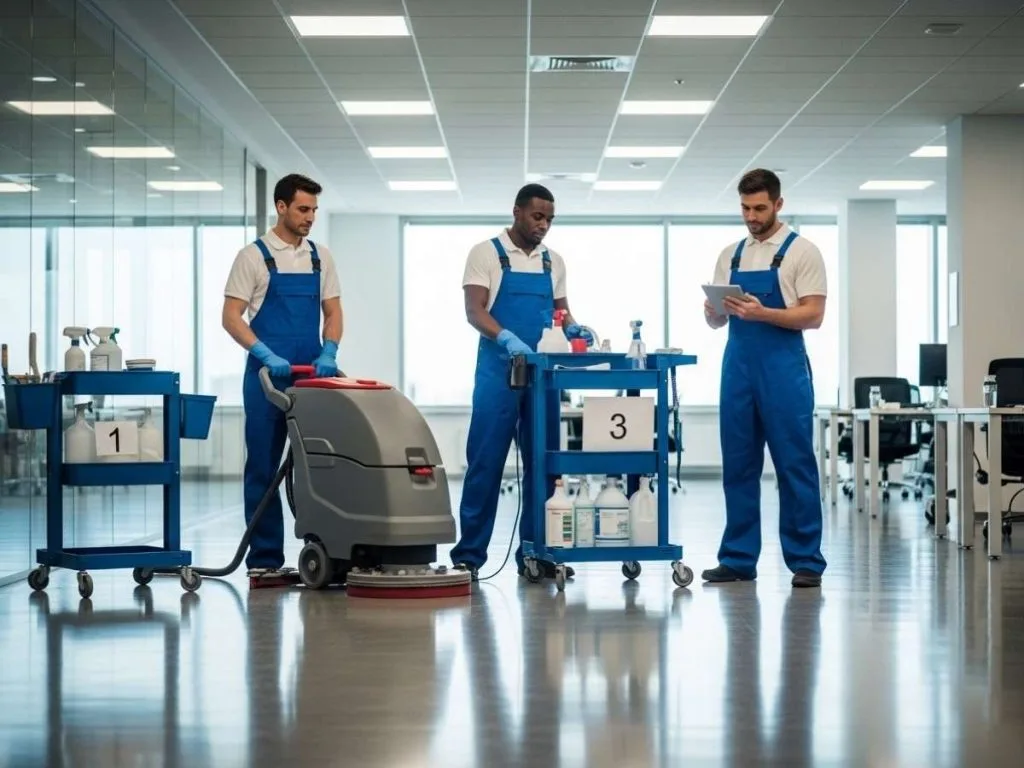 Commercial cleaning staff using industrial equipment and a digital checklist to perform quality control in a modern office.