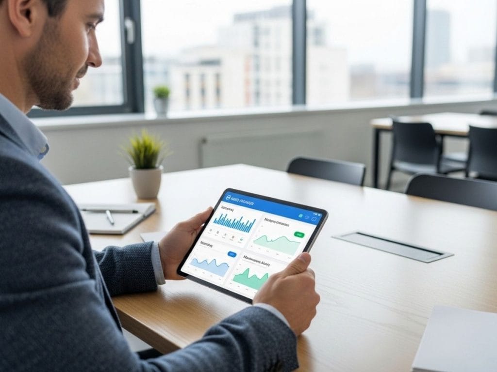 Facility manager monitoring predictable cleaning costs and organized maintenance in a modern workplace