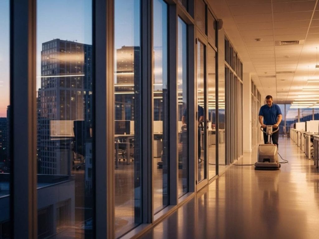 Commercial cleaner working in a modern office building after hours to minimise workplace disruption.