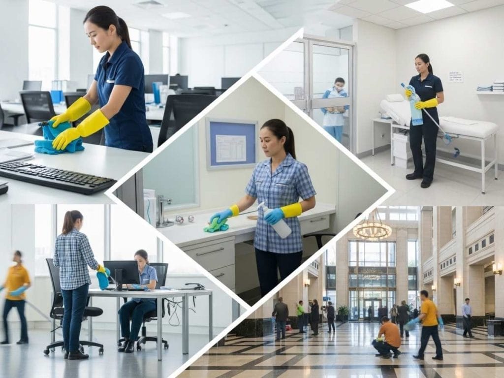 Cleaners maintaining hygiene across office, medical, and public facilities with structured daily routines