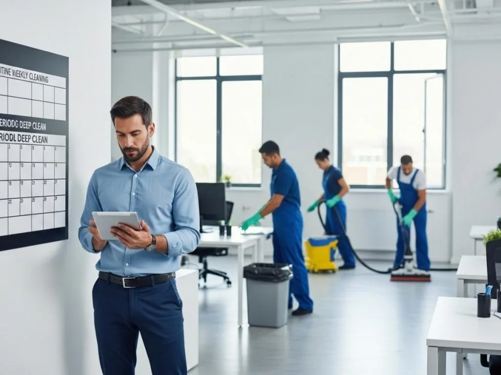 Facility manager reviewing a commercial cleaning schedule while staff perform routine and detailed cleaning tasks in a modern office.