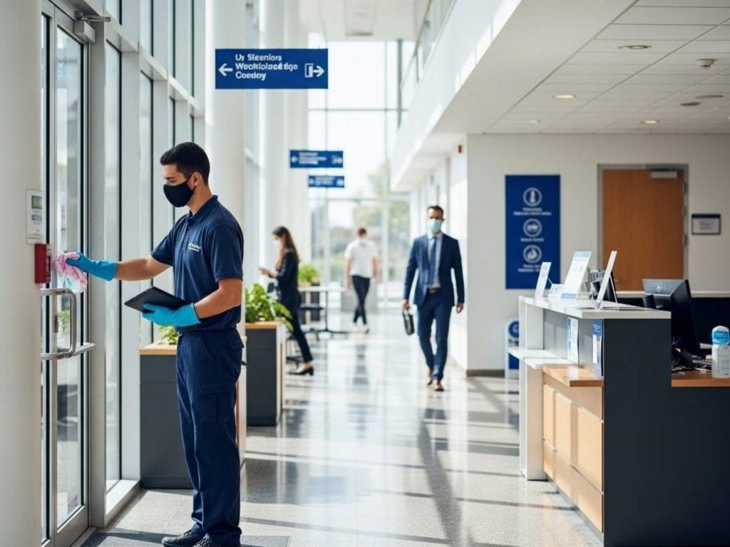 Cleaner maintaining hygiene standards in a busy government office with visible safety compliance measures