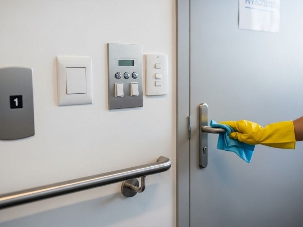 Cleaner disinfecting high-touch surfaces like door handles, elevator buttons, and light switches in a modern office.