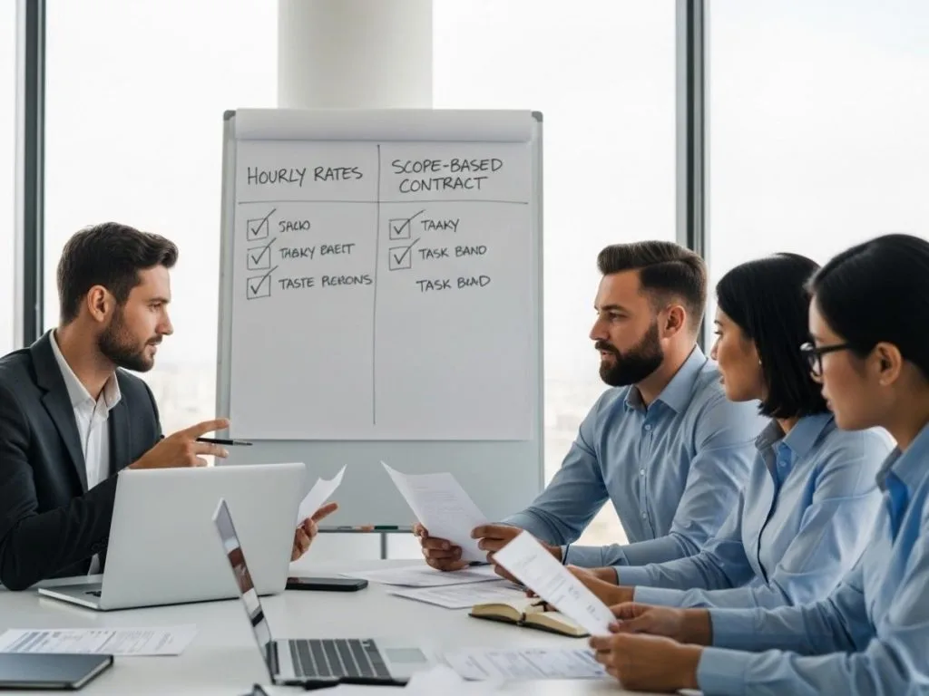 Procurement team comparing hourly cleaning rates and scope-based commercial cleaning contracts in a modern office meeting.