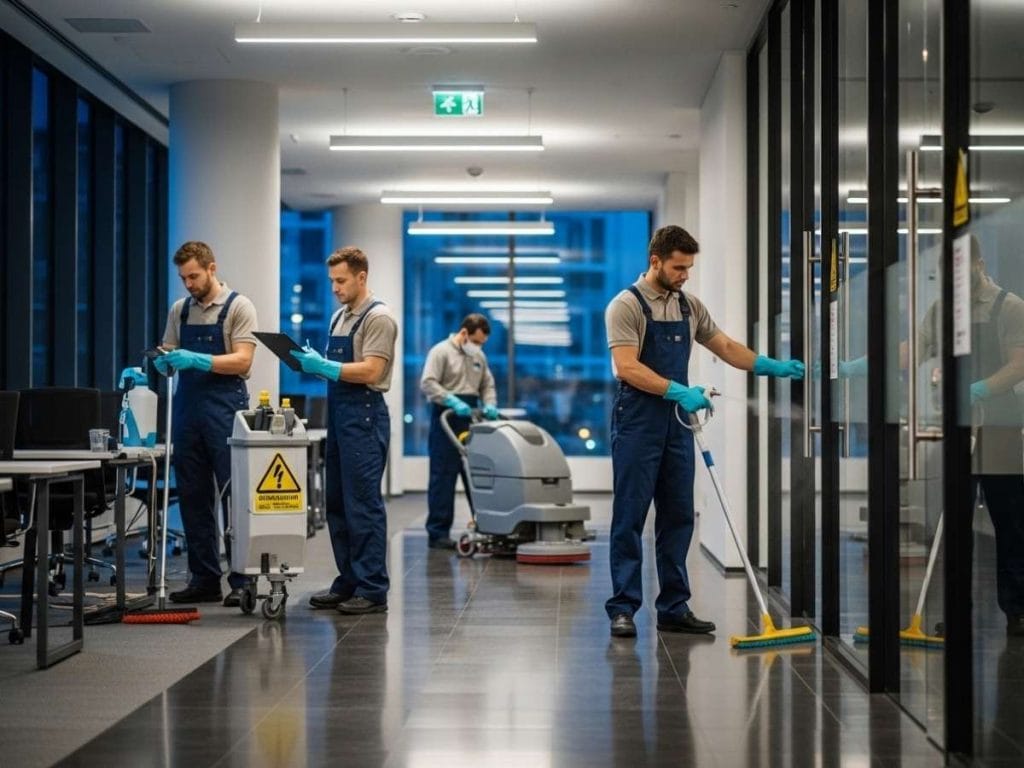 Professional commercial cleaners disinfecting and maintaining a modern office workspace using specialized equipment and safety procedures.
