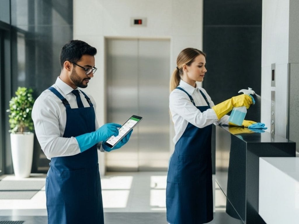 Commercial cleaning staff disinfecting high-touch surfaces while documenting compliance checks in a modern office