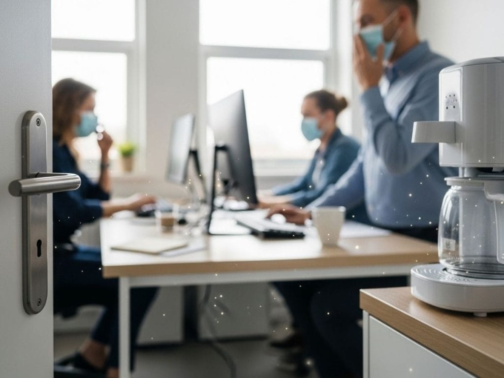 High-touch office surfaces like keyboards and door handles showing how illness can spread in shared workspaces