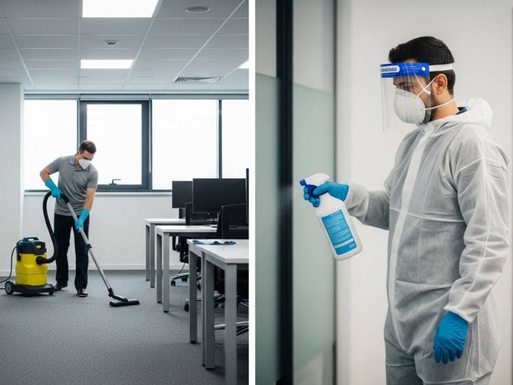 Comparison of routine office cleaning and infection control cleaning with PPE and disinfecting procedures.