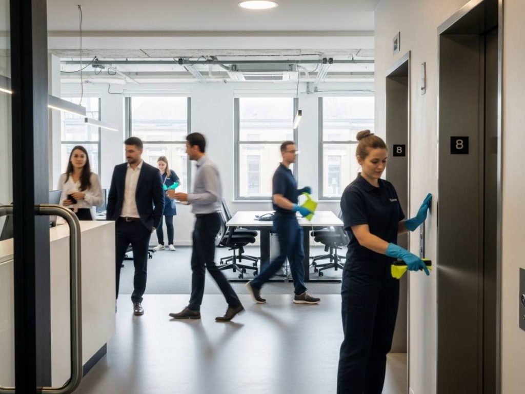 Busy office environment with high-touch surfaces being cleaned to prevent infection spread